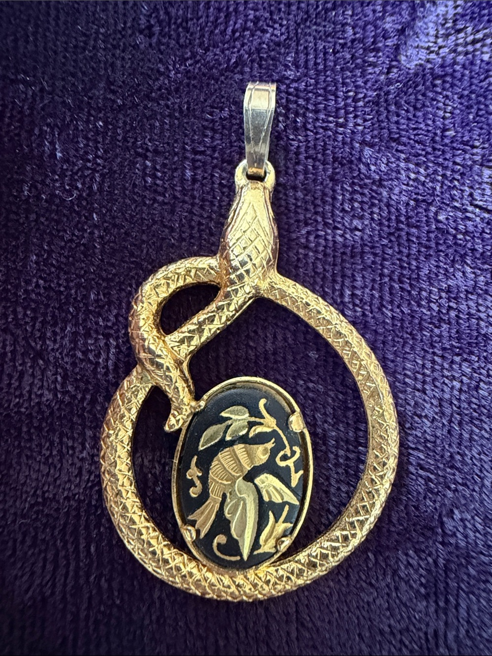 Vintage original 14K gold plated Damascene snake serpent pendant